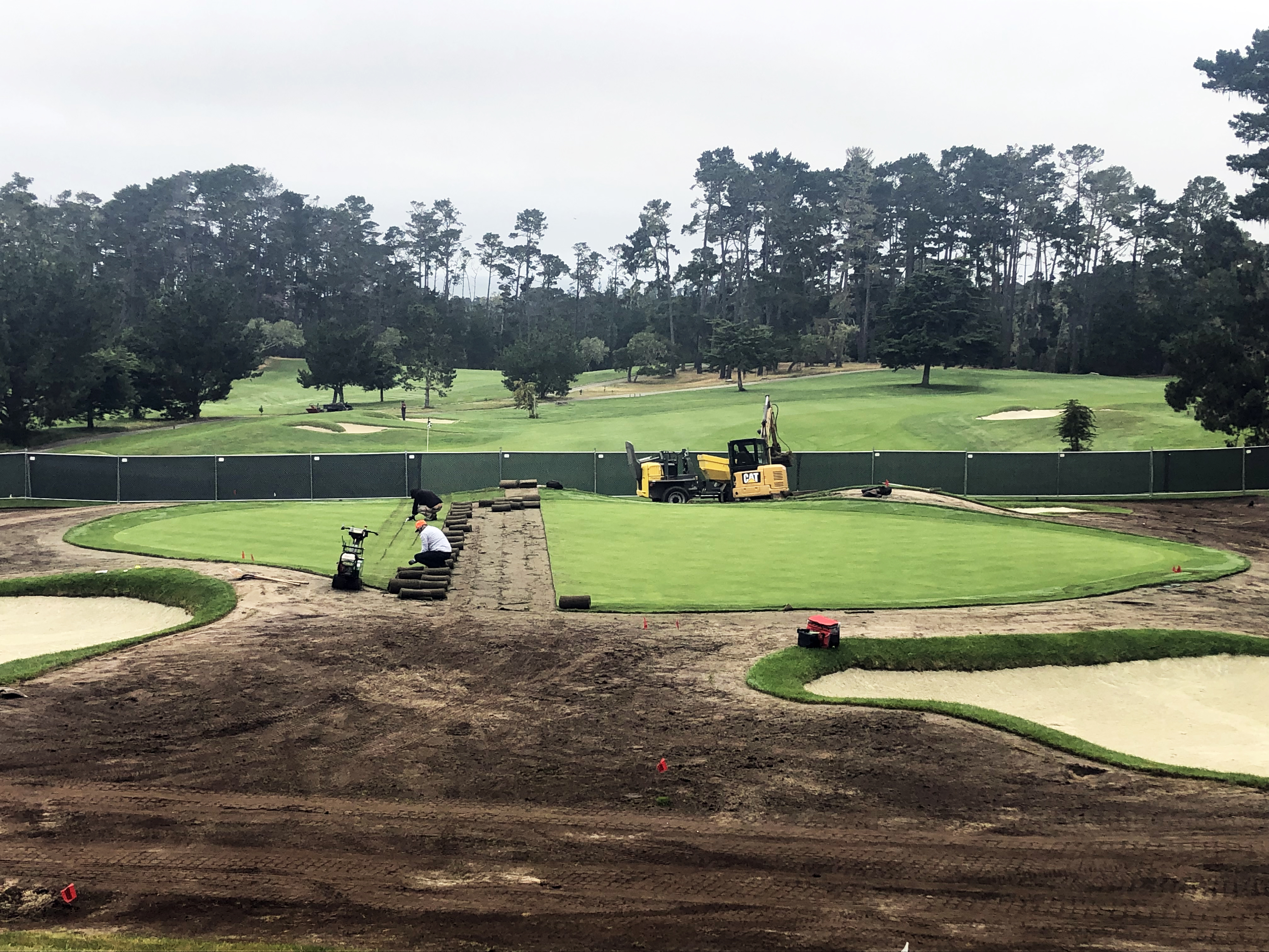Man stripping sod from the 17th green at spyglass hill during renovation